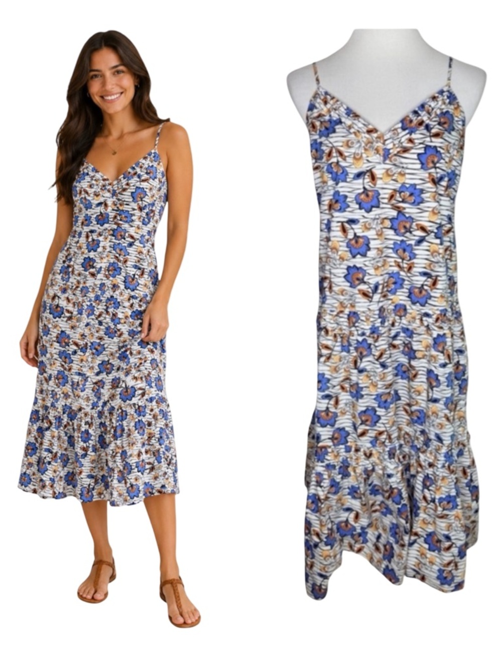 Derek Lam 10 Crosby Odile Midi Dress Size 8 Blue Multi Floral Tiered Cotton